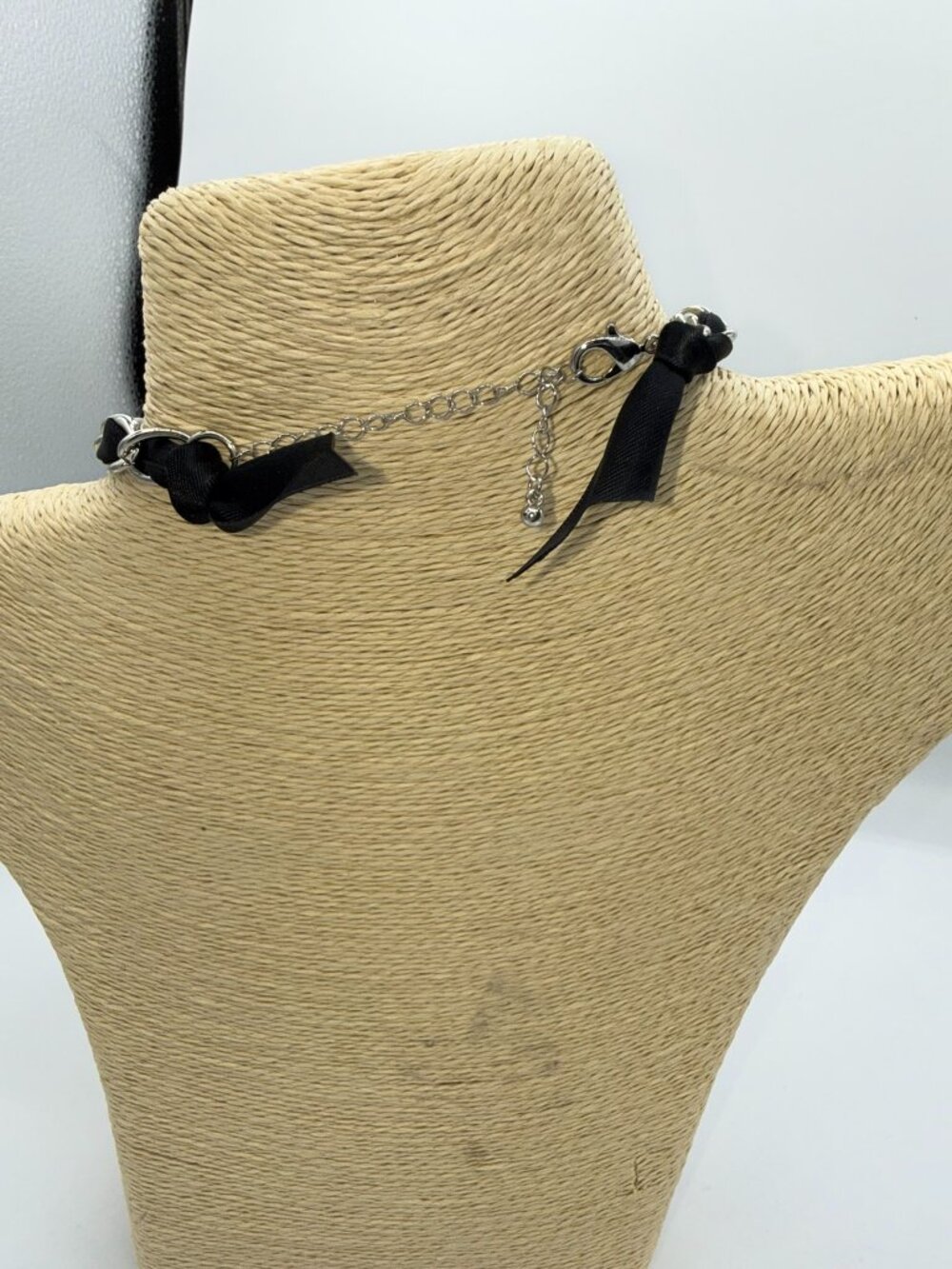 Black Ribbon Silver Tone Chain Bow Statement Necklace - Picture 8 of 8
